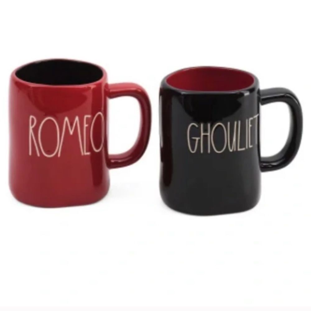 NIB SET OF 2 RAE DUNN MUGS "ROMEO AND GHOULIET", COFFEE, TEA & HOT CHOCOLATE